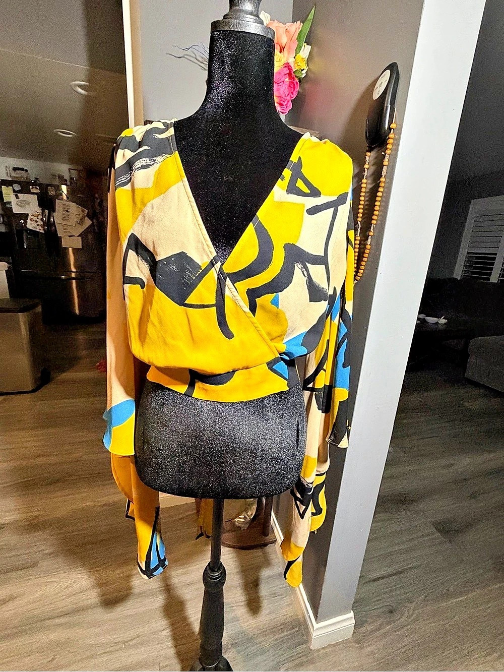 Gabrielle Union Abstract Wrap Blouse in Yellow & Blue Size Medium